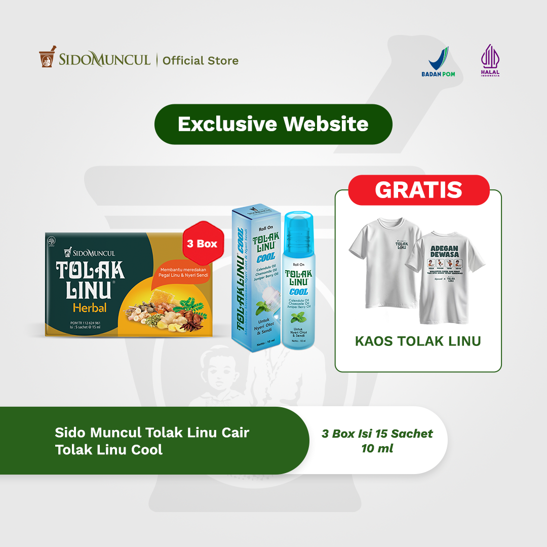 [FREE KAOS TOLAK LINU] Exclusive Website 3 BOX ISI 15 Sachet Tolak Linu Cair Dus 5's Herbal Alami - Pegal Linu Nyeri Sendi + 1 Tolak Linu Cool 10 ml - Meredakan Nyeri Sendi Otot dan Pegal
