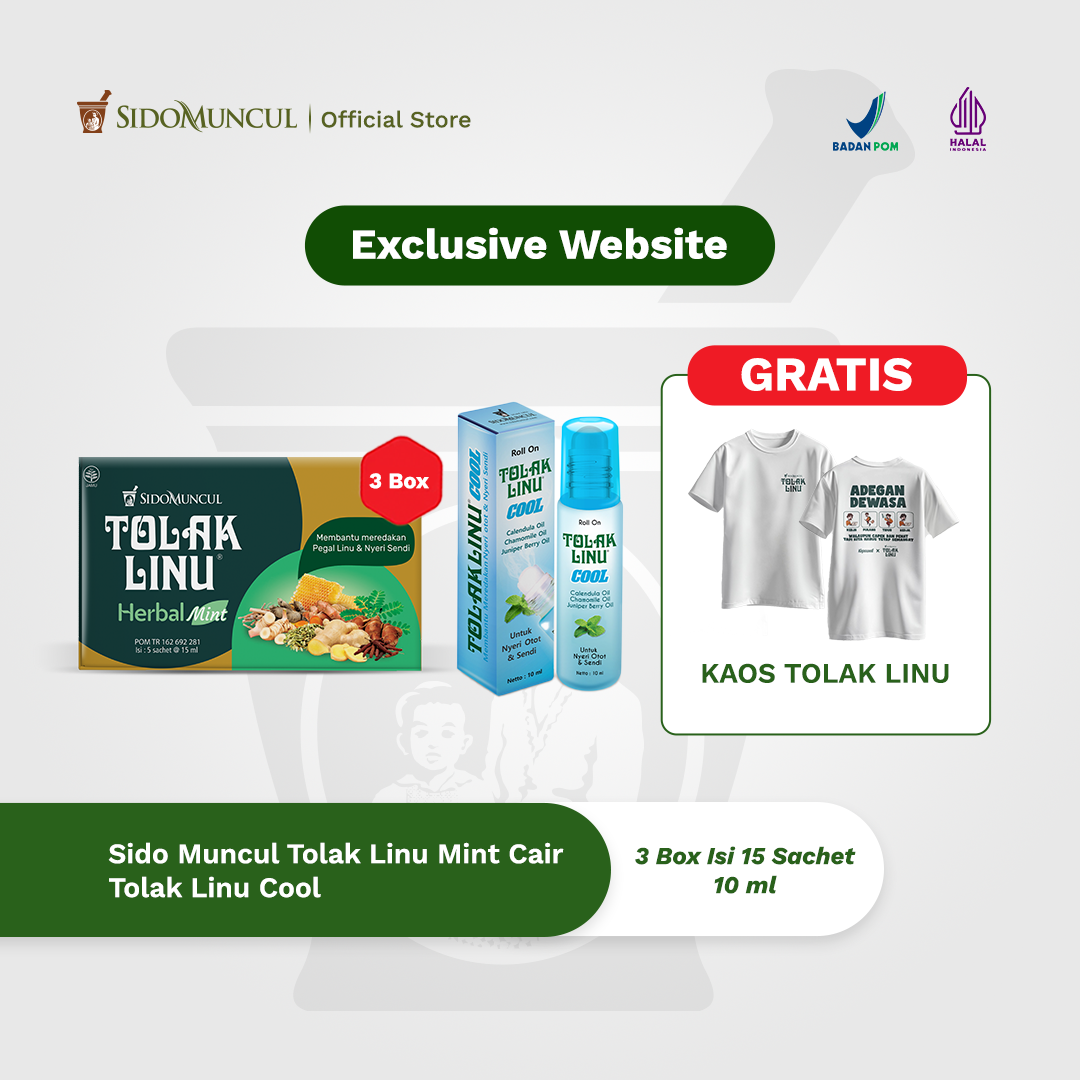 [FREE KAOS TOLAK LINU] Exclusive Website 3 BOX ISI 15 Sachet Tolak Linu Mint Cair Dus 5's Obat Herbal - Pegal Linu Nyeri Sendi + 1 Tolak Linu Cool 10 ml - Meredakan Nyeri Sendi Otot dan Pegal