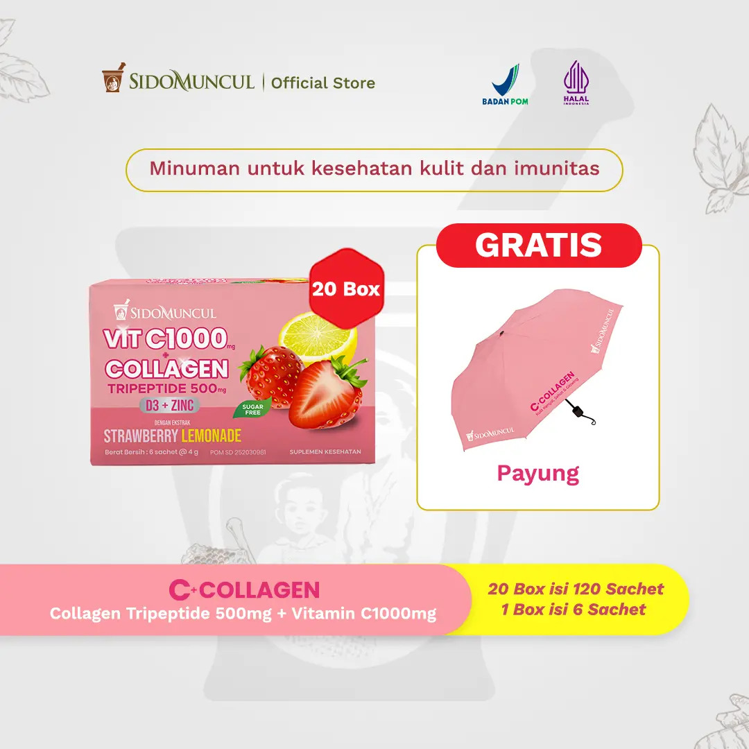 [FREE PAYUNG] 20 BOX ISI 120 Sachet C+Collagen - Minuman Collagen Tripeptide 500mg + Vit C 1000mg untuk Kesehatan Kulit dan Imunitas