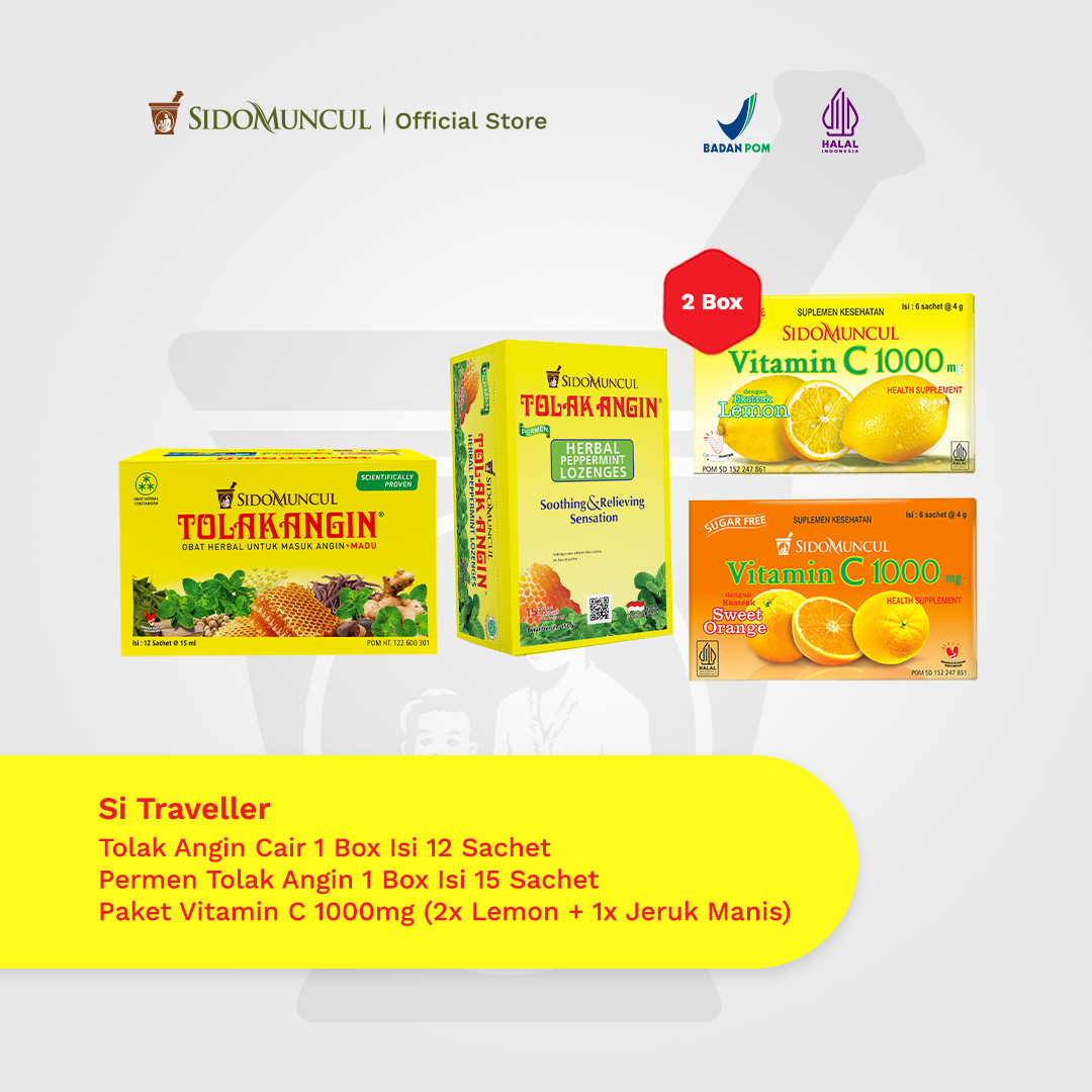 Si Traveler  - Tolak Angin Cair Dus 12 Sachet Herbal + Sido Muncul Permen Tolak Angin 15 Sachet + Paket Sido Muncul Vitamin C 1000 mg (2 Lemon + 1 Jeruk Manis) + Tolak Angin Balsem 20gr - Mengurangi Masuk Angin Mual dan Nyeri Otot