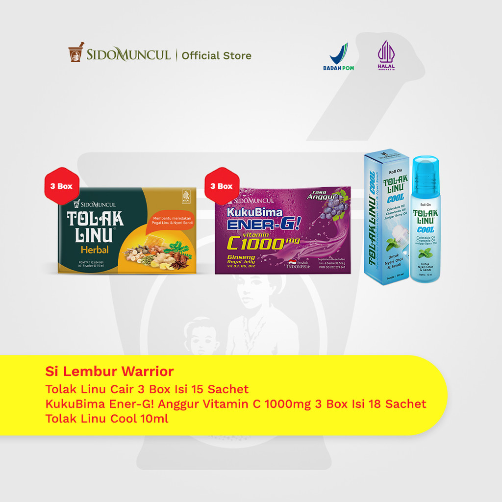 Si Lembur Warrior - Tolak Linu Cair Dus 15 Sachet Herbal Alami + Kuku Bima Ener-G Vit C1000 Anggur 18 Sachet + Tolak Linu Cool 10 ml - Meredakan Nyeri Sendi Otot dan Pegal