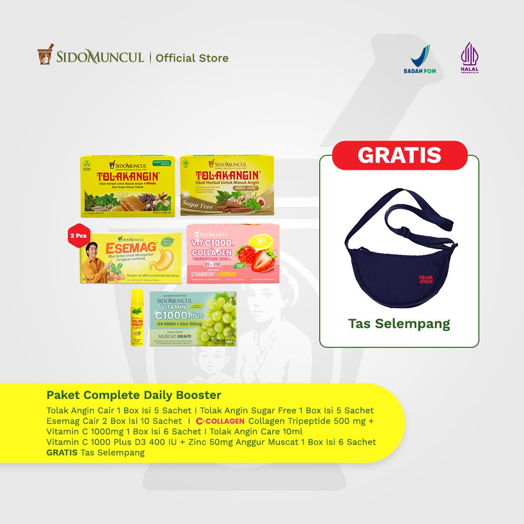 [FREE POUCH TAS SELEMPANG] Paket Complete Daily Booster - Tolak Angin Mix Variants 10 Sachet + Esemag Cair 10 Sachet + C+Collagen 6 Sachet + Tolak Angin Care 10ml + Vitamin C 1000 Muscat 6 Sachet