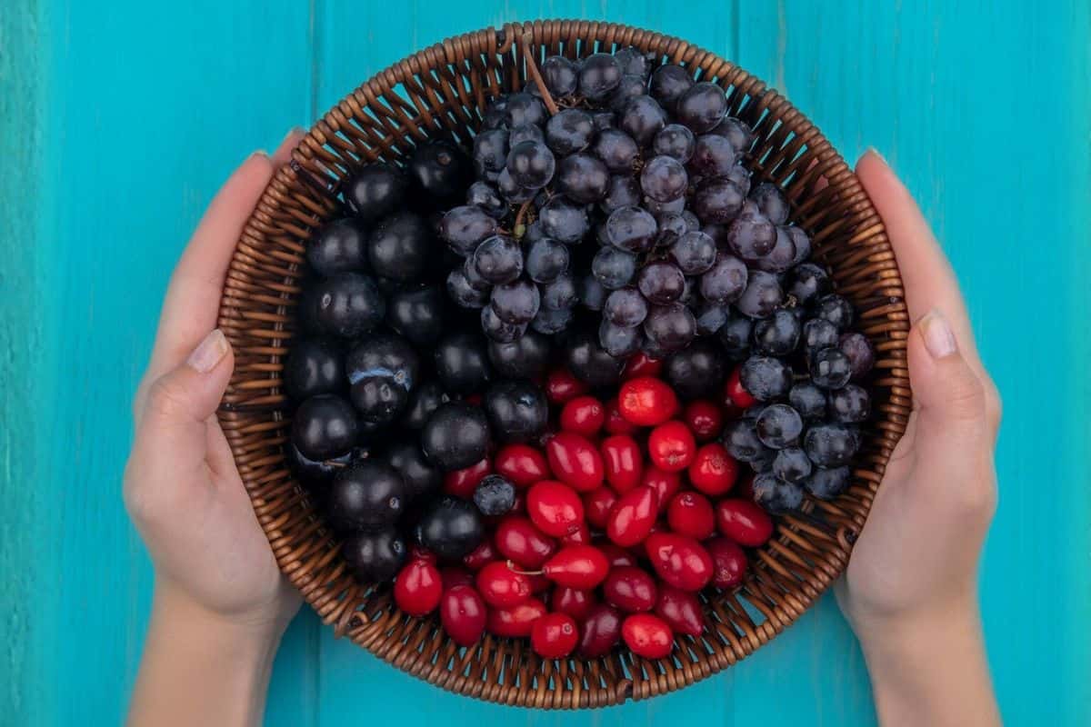Tangan seorang perempuan mengangkat sekeranjang buah