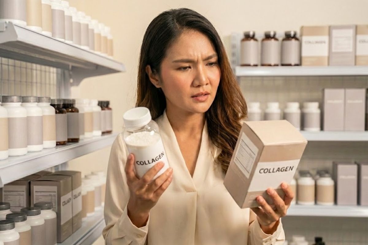 Wanita sedang memilih produk collagen
