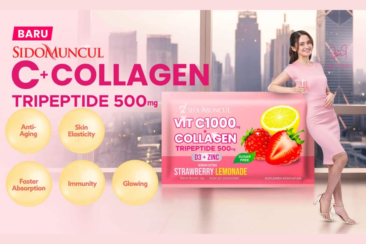 model yang minum segelas minuman collagen dan produk Sido Muncul C+Collagen